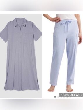 Eileen Fisher Bellflower Blue Pima Cotton Notched Collar Night Dress Sleep Pants